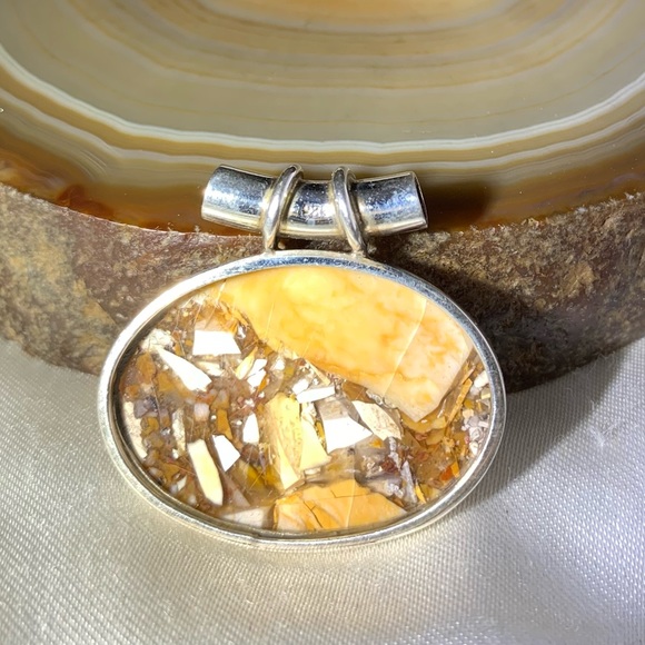 VINTAGE STERLING SILVER MOOKAITE JASPER PENDANT - Picture 3 of 4